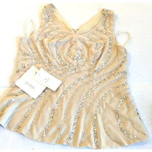 New Beaded Sequin Top Blouse Women M Sleeveless Beige Event Party Easy Chic